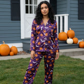 Halloween Print Theme Long Satin Purple Pajama Set